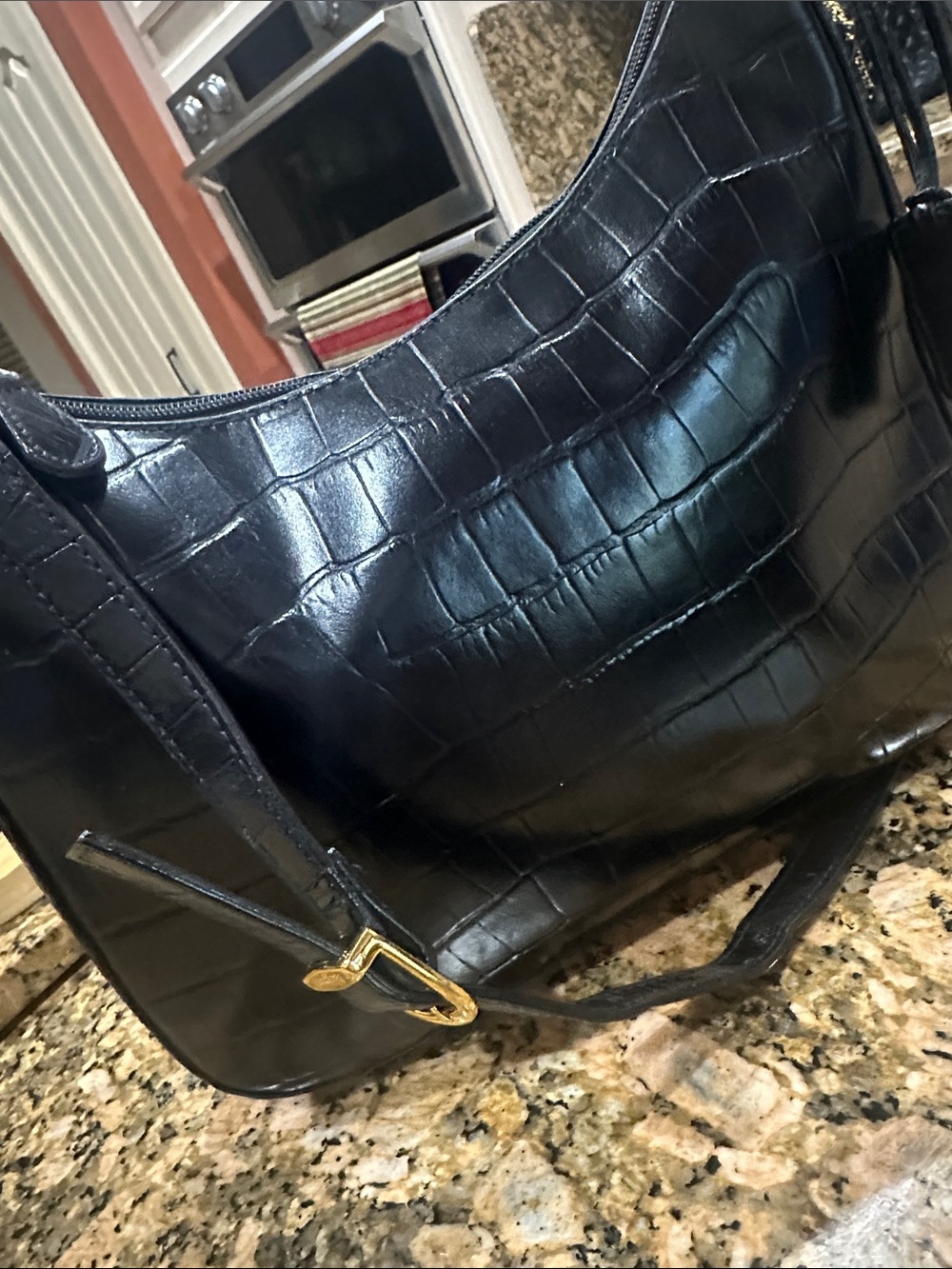 Black Croc-Embossed Shoulder Bag with Gold Accent